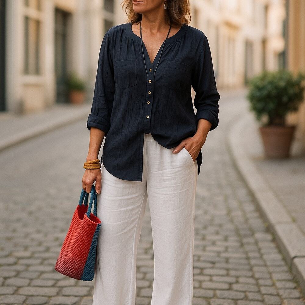 Michael Kors MICHAEL Womens Blouse Sz 1X Navy Blue Crinkle Roll Tab Sleeve Tunic